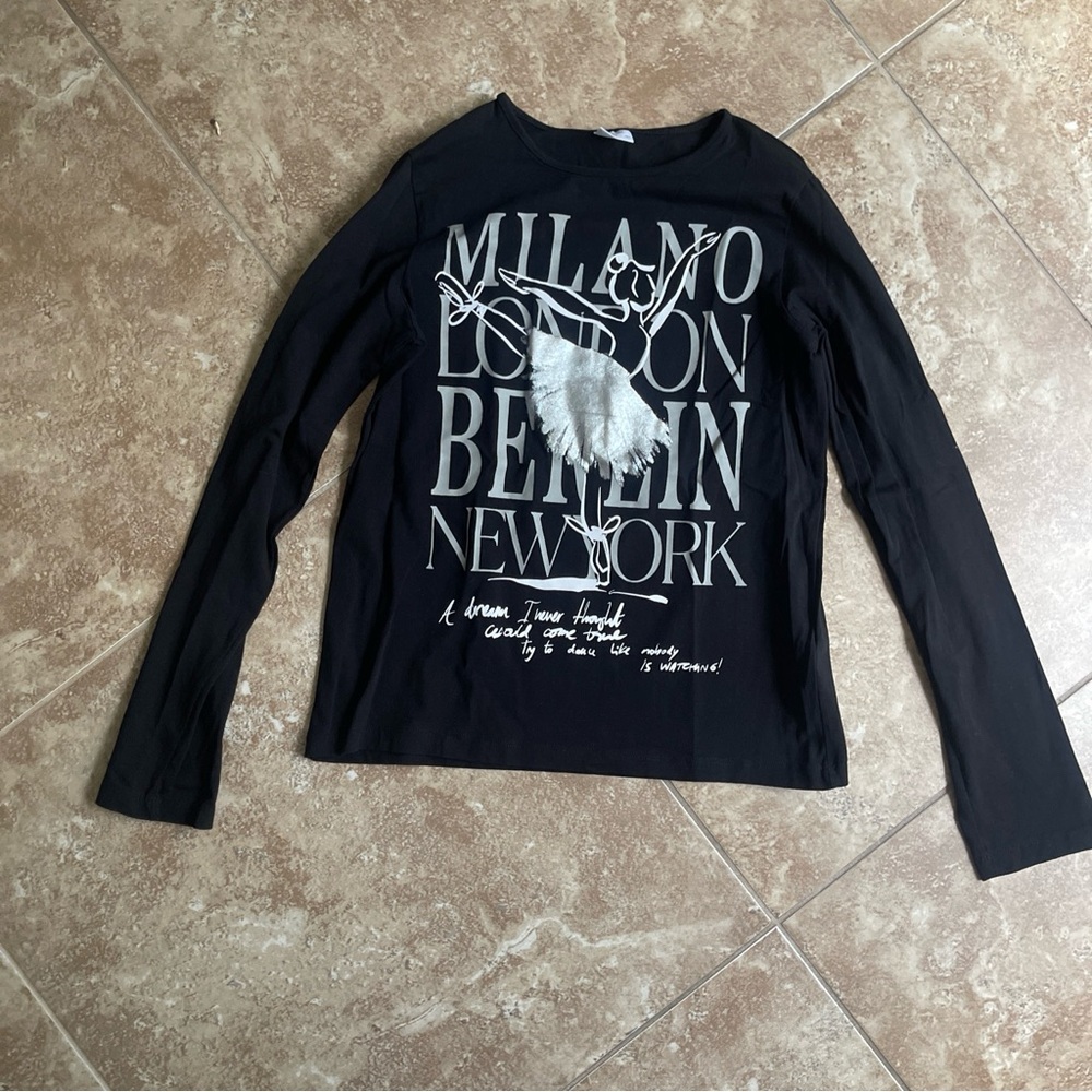 Black Zara Girls Long Sleeves Text T-shirt Size 13-14
